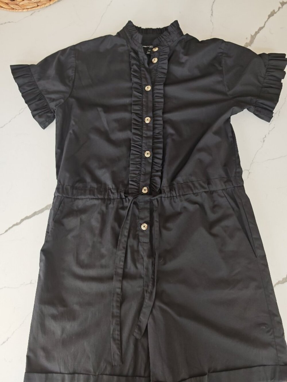 French Connection Black Ruffle Button Front Romper Dress Size 4 | Cinched Waist - Picture 4 of 11